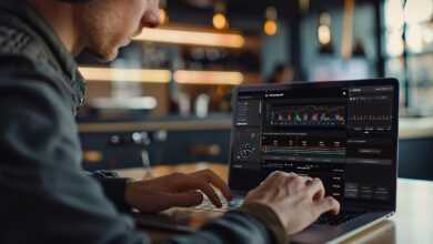 laptop, data analysis, charts, graphs, workspace, modern office, professional, technology, computer, man working, office environment, blurred background, focus, business, tech-savvy, analysis, digital, contemporary, data-driven, monitoring, screen, business analysis, office, computer screen, analytics, ai generated