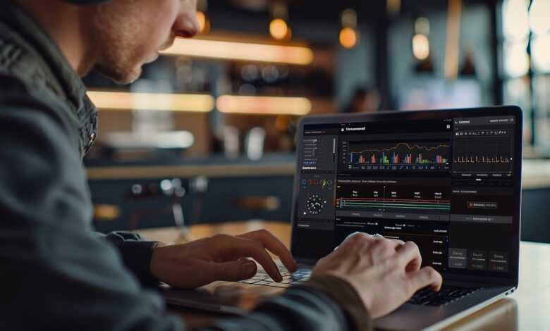 laptop, data analysis, charts, graphs, workspace, modern office, professional, technology, computer, man working, office environment, blurred background, focus, business, tech-savvy, analysis, digital, contemporary, data-driven, monitoring, screen, business analysis, office, computer screen, analytics, ai generated