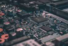 macro photography of black circuit board