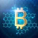 a golden bitcoin on a blue hexagonal background