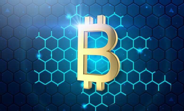 a golden bitcoin on a blue hexagonal background