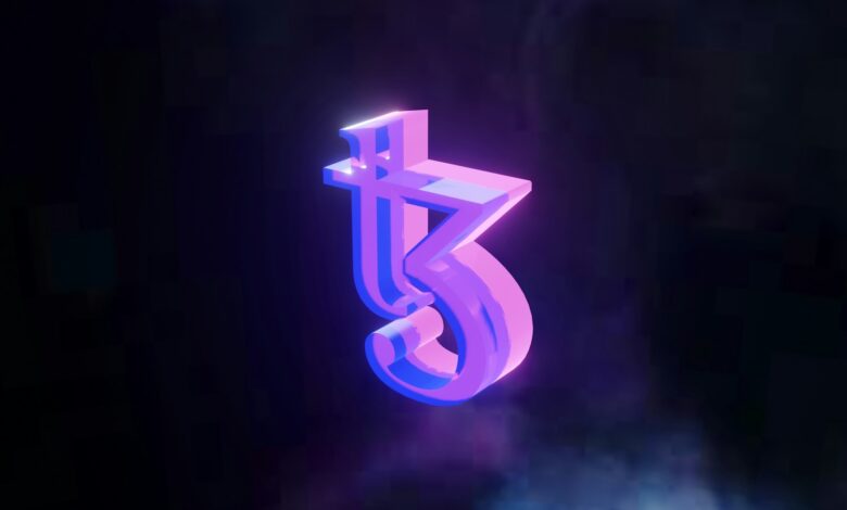 a purple and blue logo on a black background