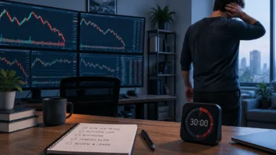 Trader si po ztrátovém obchodu nastavuje pauzu a kontroluje obchodní plán.